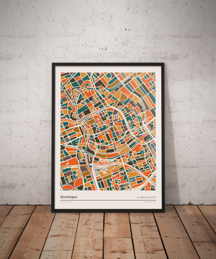 Groningen-mozaiek-poster-print-oranje-bruine-tinten-vloer koenmeloen