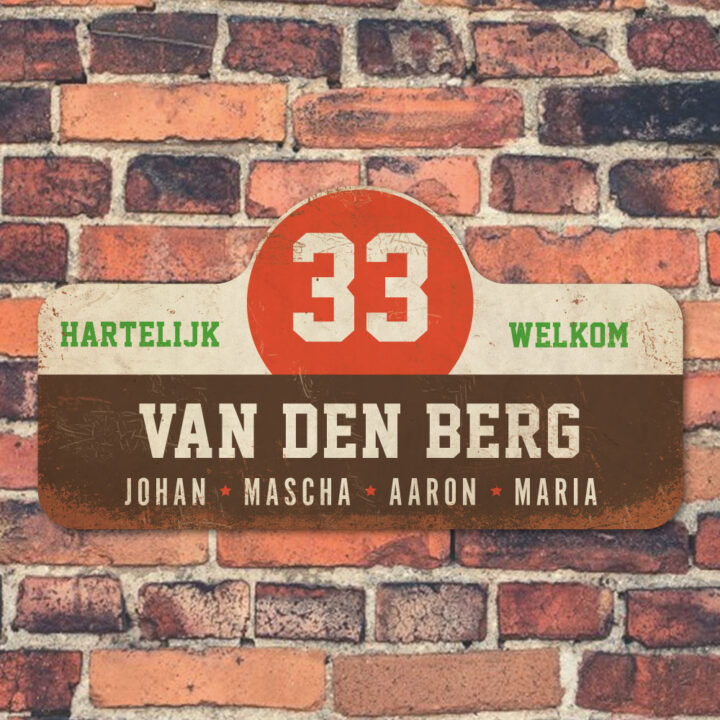 Van-den-Berg-naambord-koenmeloen-bruin-wit-rood-groen muur rallybord