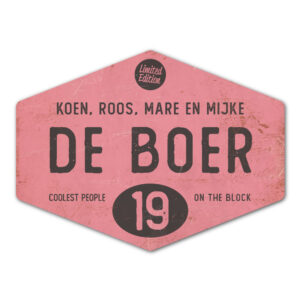 Naambord-de-boer-roze-zwart-ruit-koenmeloen-vintage-origineel