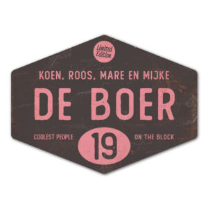 Naambord-de-boer-roze-zwart-ruit-koenmeloen-vintage-origineel