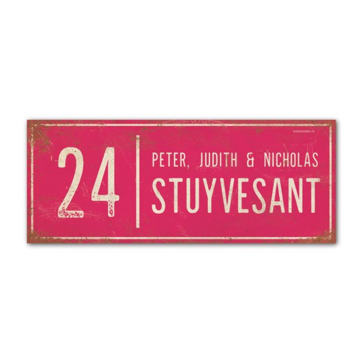 Naambord-Stuyvesant-vintage-koenmeloen-voordeur-roze-wit