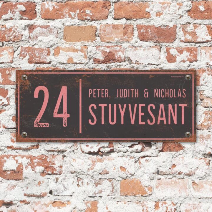 Naambord-Stuyvesant-vintage-koenmeloen-voordeur-antraciet-roze