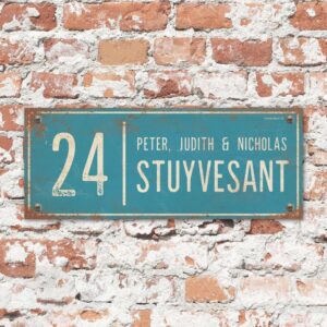 Naambord-Stuyvesant-vintage-koenmeloen-voordeur-blauw-wit