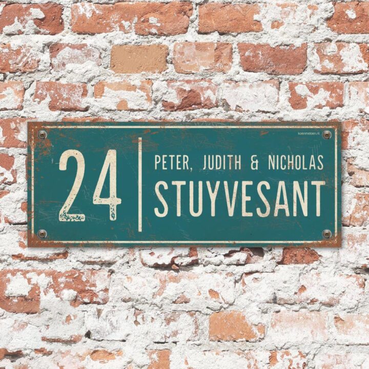 Naambord-Stuyvesant-vintage-koenmeloen-voordeur-petrol-blauw-wit