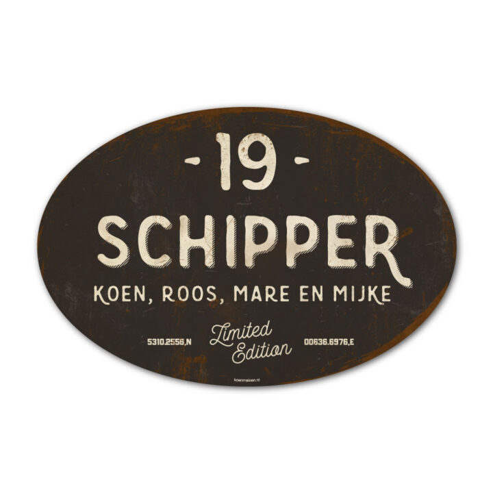 Naambord-Schipper-vintage-koenmeloen-voordeur-antraciet-wit