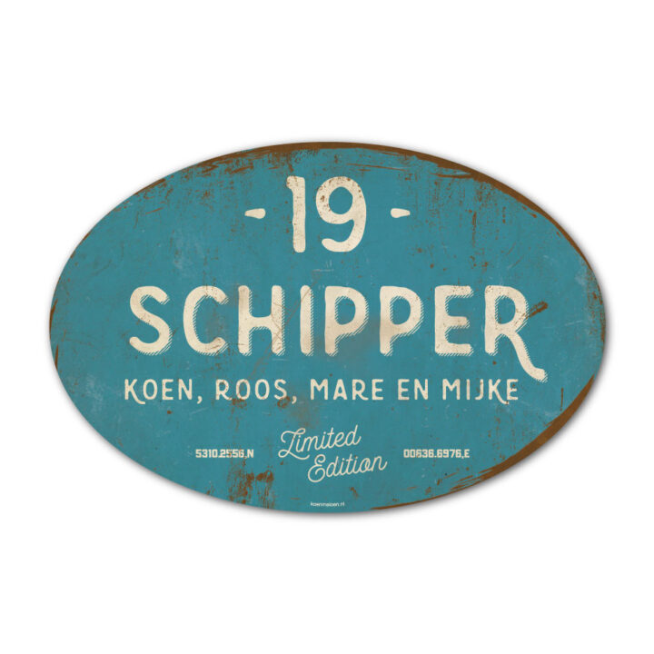 Naambord-Schipper-vintage-koenmeloen-voordeur-blauw-wit