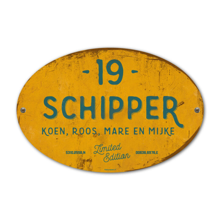 Naambord-Schipper-vintage-koenmeloen-voordeur-petrol-blauw-geel-muur