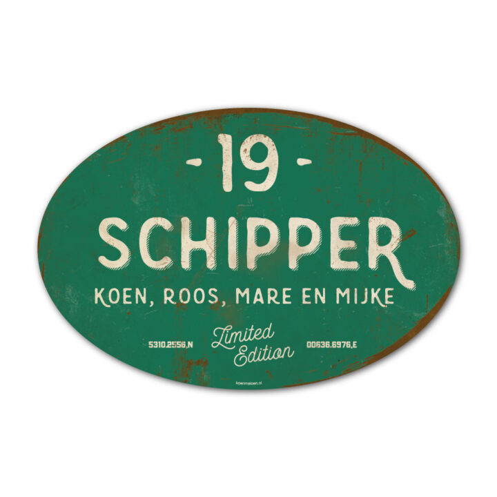 Naambord-Schipper-vintage-koenmeloen-voordeur-groen-wit