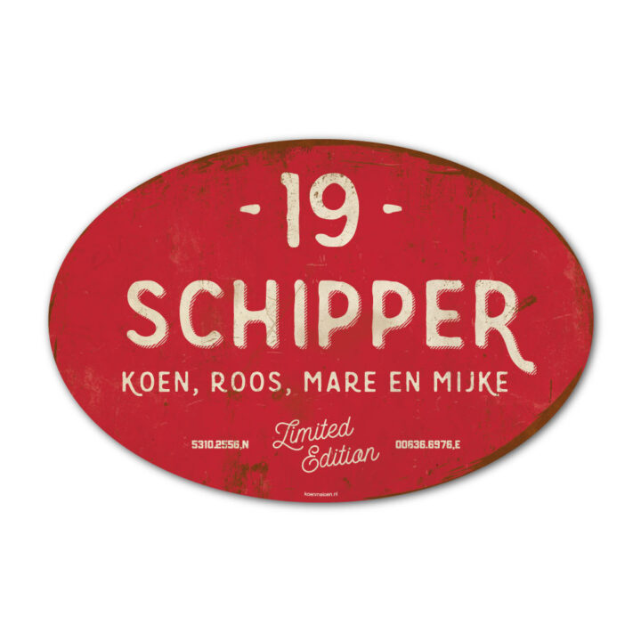 Naambord-Schipper-vintage-koenmeloen-voordeur-rood-wit