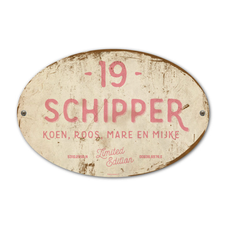 Naambord-Schipper-vintage-koenmeloen-voordeur-roze-wit