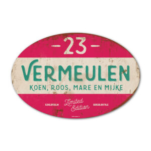 Naambord-Vermeulen-vintage-koenmeloen-voordeur-mint-roze-wit-muur