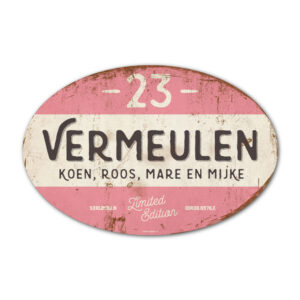 Naambord-Vermeulen-vintage-koenmeloen-voordeur-roze-zwart-wit