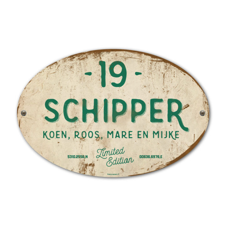 Naambord-Schipper-vintage-koenmeloen-voordeur-groen-wit