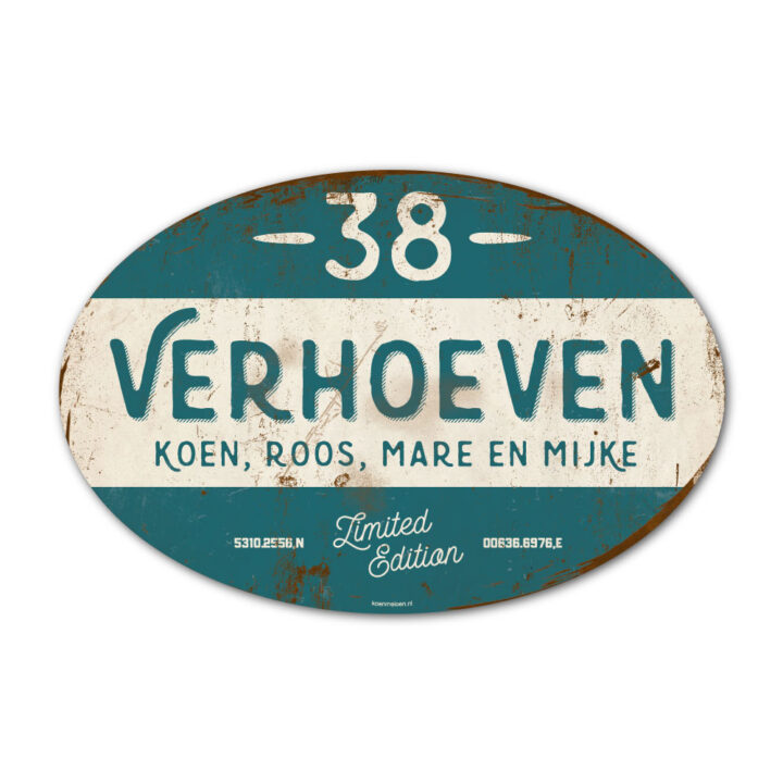 Naambord-Verhoeven-vintage-koenmeloen-voordeur-petrol-blue-wit