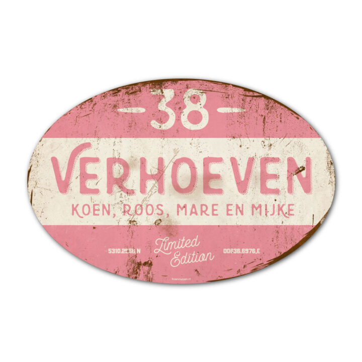 Naambord-Verhoeven-vintage-koenmeloen-voordeur-roze-wit