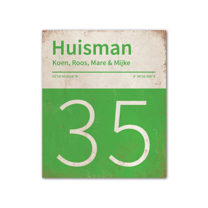 Naambord-Huisman-22-vlakken-nummer-onder-Koenmeloen--groen-wit
