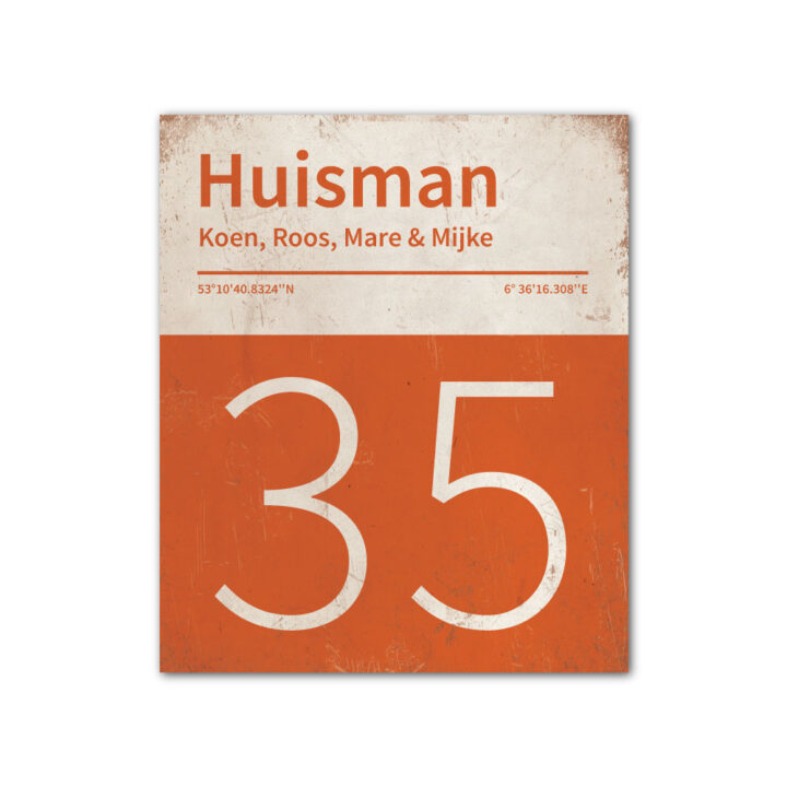 Naambord-Huisman-22-vlakken-nummer-onder-Koenmeloen--oranje-wit