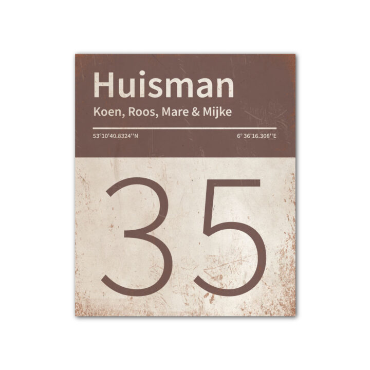 Naambord-Huisman-22-vlakken-nummer-onder-Koenmeloen--wit-bruin