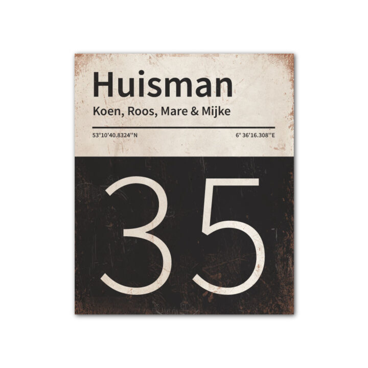 Naambord-Huisman-22-vlakken-nummer-onder-Koenmeloen--zwart-wit