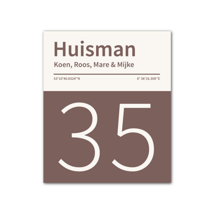 Naambord-Huisman-22-vlakken-nummer-onder-geen-roest-Koenmeloen--bruin-wit
