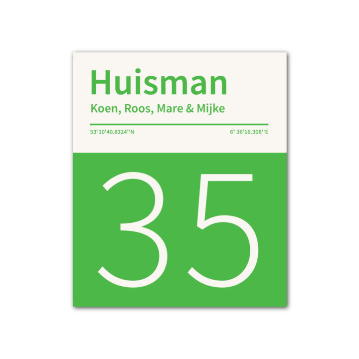 Naambord-Huisman-22-vlakken-nummer-onder-Koenmeloen--wit-groen