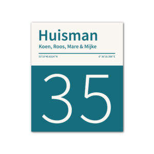 Naambord-Huisman-22-vlakken-nummer-onder-geen-roest-Koenmeloen--petrol-blue-wit
