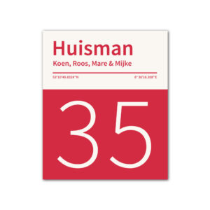 Naambord-Huisman-22-vlakken-nummer-onder-geen-roest-Koenmeloen-rood-wit