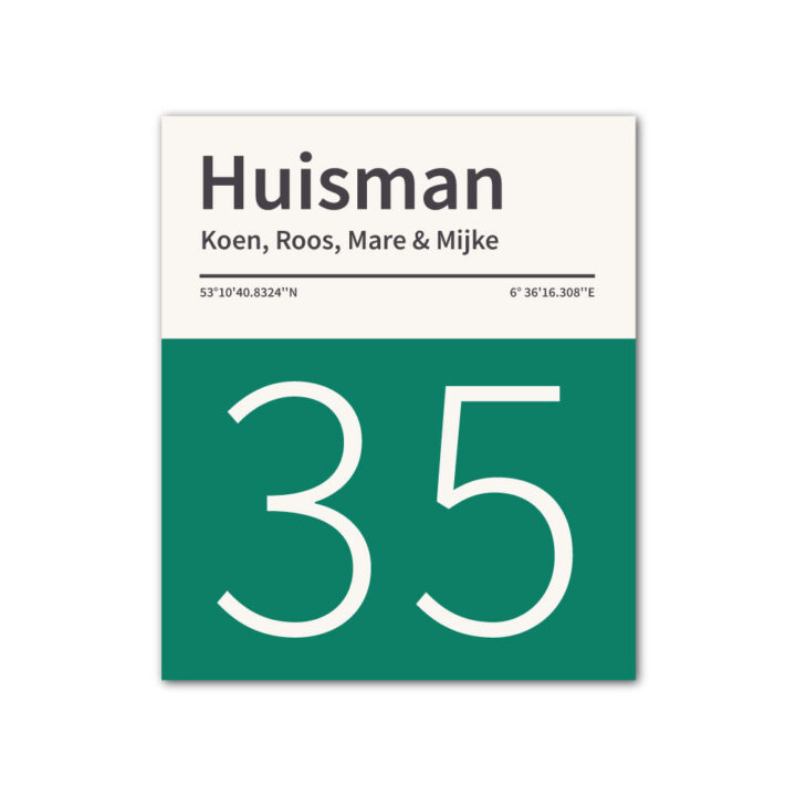 Naambord-Huisman-22-vlakken-nummer-onder-geen-roest-zwarte-tekst-Koenmeloen--donker-groen-wit