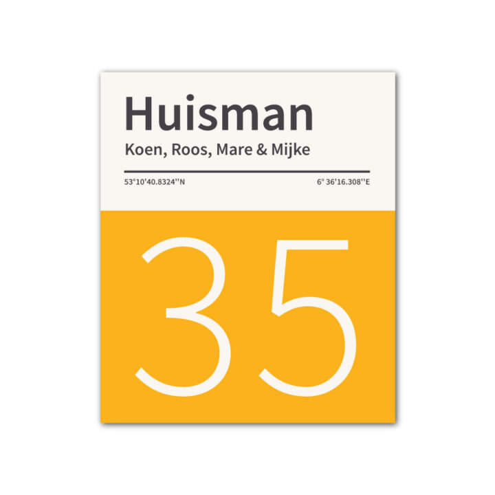 Naambord-Huisman-22-vlakken-nummer-onder-geen-roest-zwarte-tekst-Koenmeloen--geel-wit