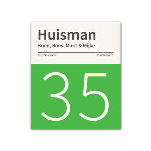 Naambord-Huisman-22-vlakken-nummer-onder-geen-roest-zwarte-tekst-Koenmeloen--groen-wit