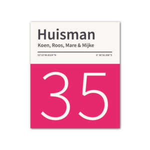 Naambord-Huisman-22-vlakken-nummer-onder-geen-roest-zwarte-tekst-Koenmeloen-knal-roze-wit
