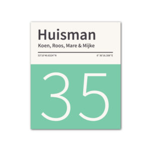 Naambord-Huisman-22-vlakken-nummer-onder-geen-roest-zwarte-tekst-Koenmeloen-mint-wit