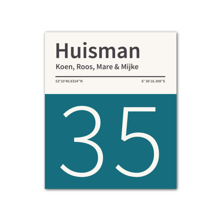 Naambord-Huisman-22-vlakken-nummer-onder-geen-roest-zwarte-tekst-Koenmeloen--petrol-blue-wit
