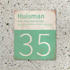 Naambord-Huisman-22-vlakken-nummer-onder-Koenmeloen-mint-wit