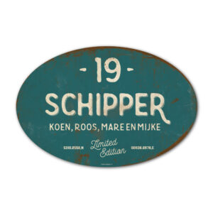 Naambord-Schipper-vintage-koenmeloen-voordeur-wit-petrol-blauw