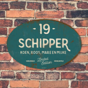 Naambord-Schipper-vintage-koenmeloen-voordeur-petrol-blauw-wit-muur